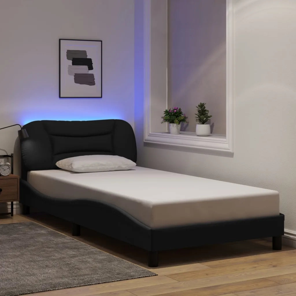 Letto singolo | Letto per adulti | Giroletto con LED senza Materasso Hvar Nero 100x200 cm in Tessuto