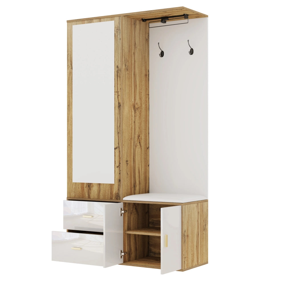 Guardaroba da ingresso 100x38x180 cm con specchio; panca e scarpiera bianco e naturale