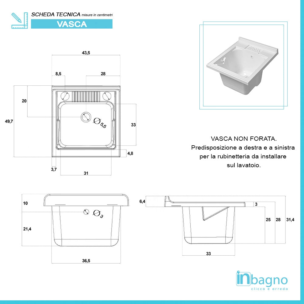 Mobile Lavatoio in Kit bianco 45x50 cm  completo di asse lavapanni