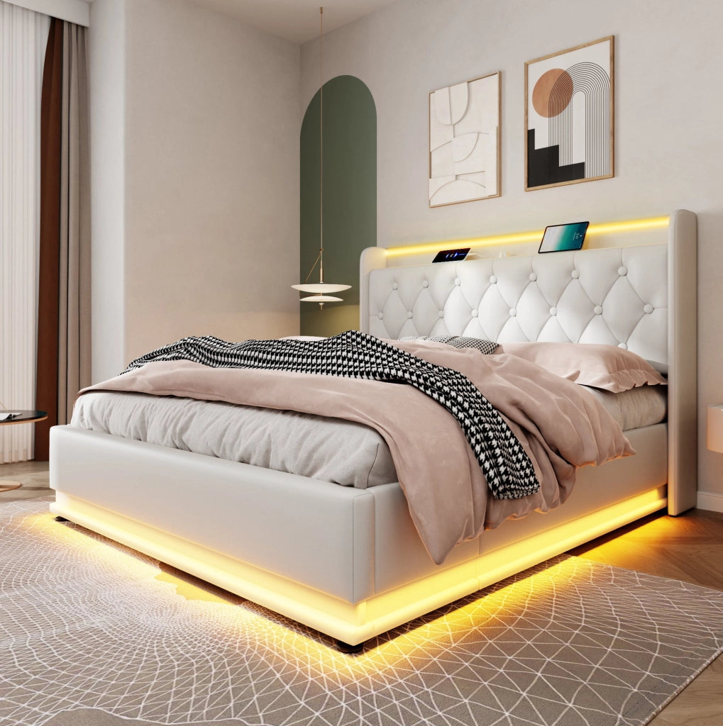 Letto matrimoniale imbottito con LED 360°, testiera con USB e contenitore idraulico