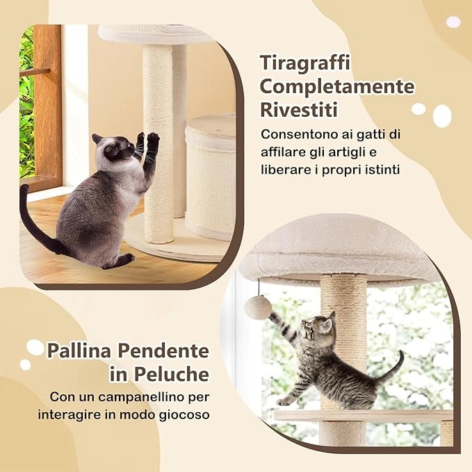 Albero per Gatti, Tiragraffi per Gattini con Tiragraffi in Sisal e Tappetino, Condomini, Piattaforma, Amaca, Giocattolo Pendente, Cuscino Lavabile e Multi-Livello, Mobili per Gatti da Interno