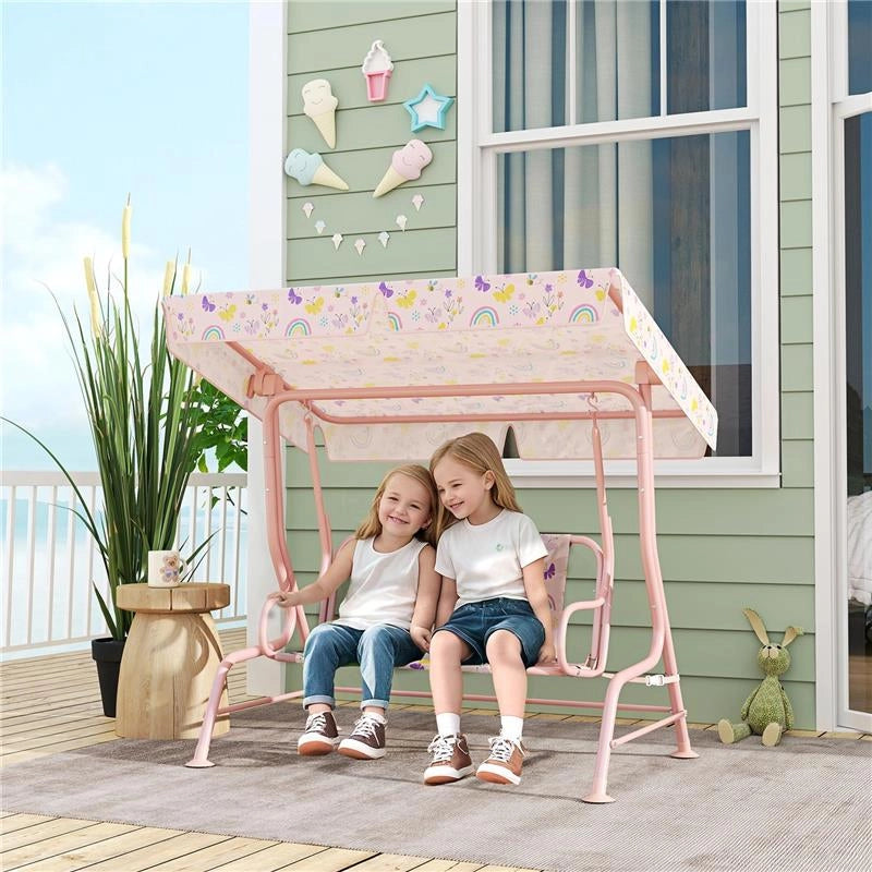 DONDOLO PER BAMBINI DA ESTERNO A 2 POSTI CON TETTUCCIO REGOLABILE E CINTURE DI SICUREZZA 112X75X120 CM ROSA
