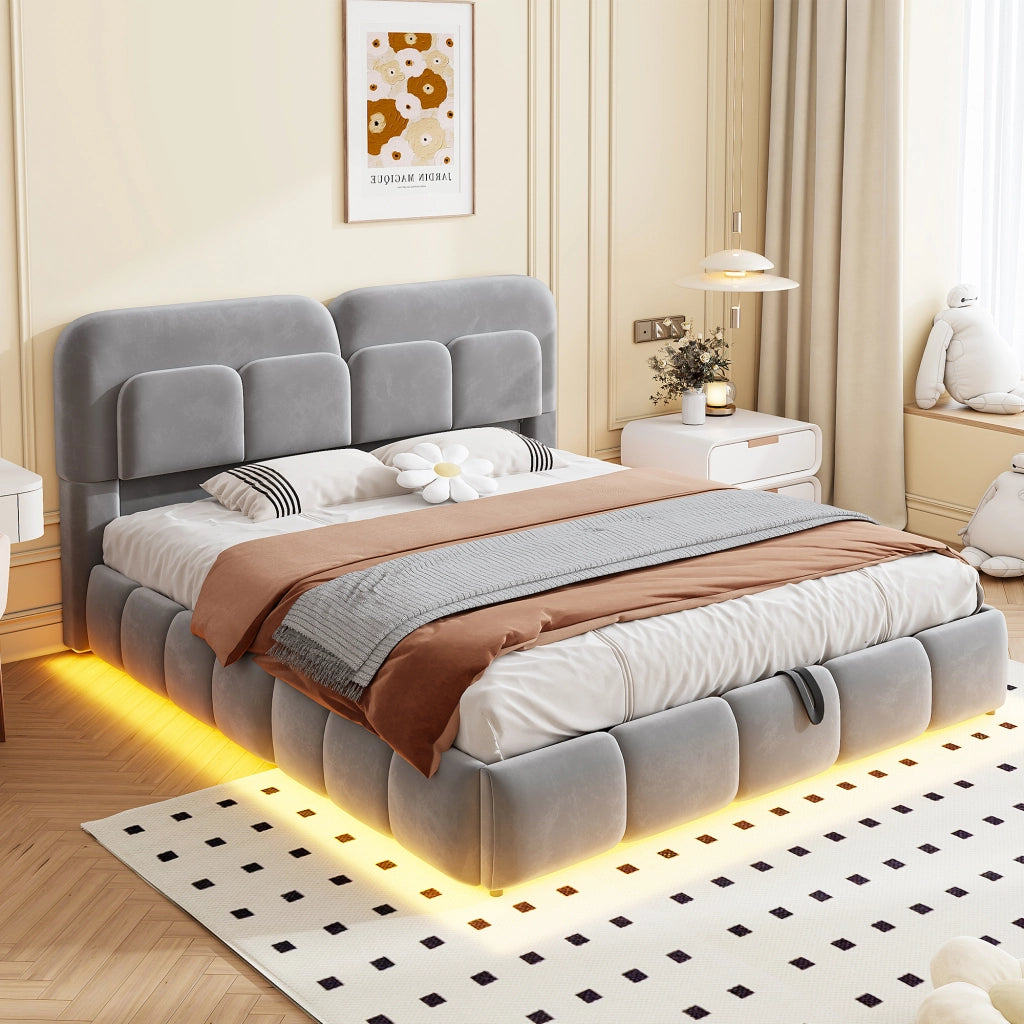 LETTO imbottito 140x200 cm in velluto grigio con contenitore idraulico e LED