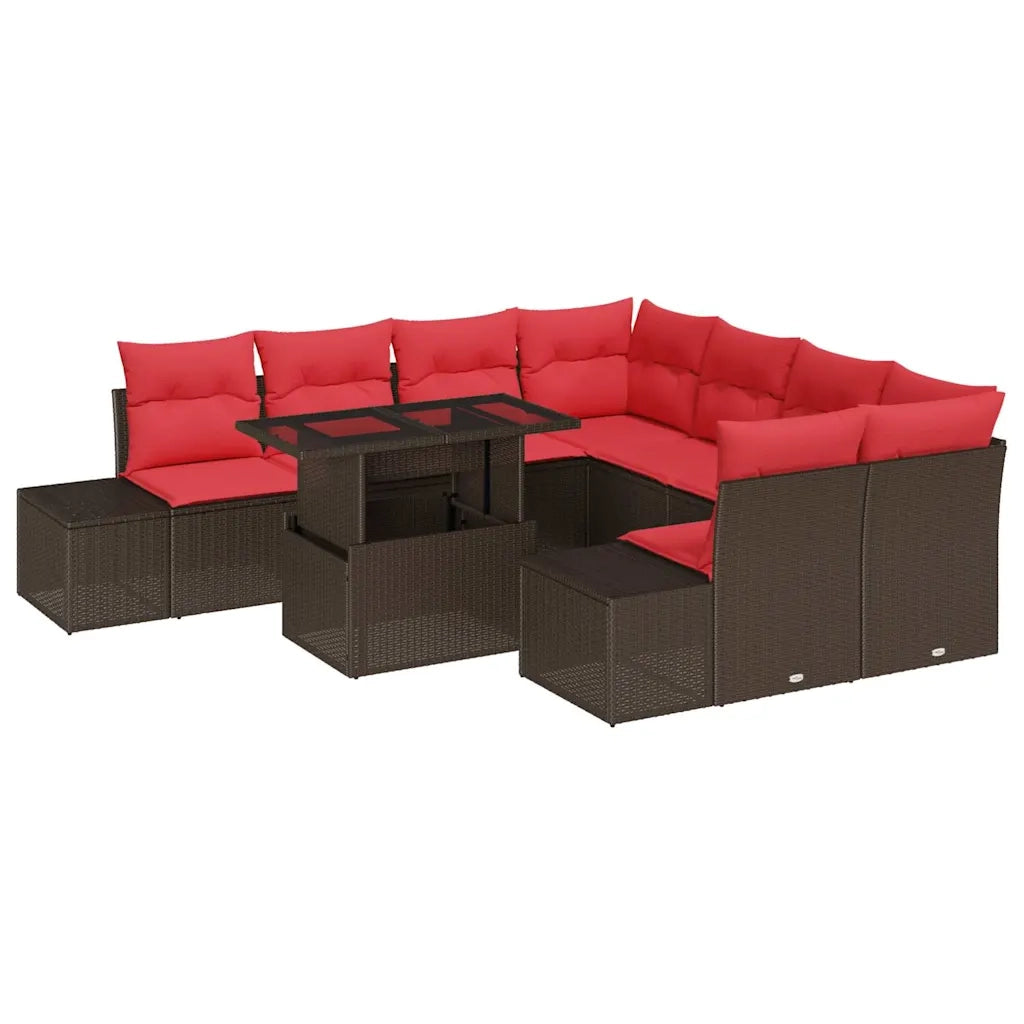 Set Divano da Giardino 9 pcs Marrone e Rosso polyrattan 3349160