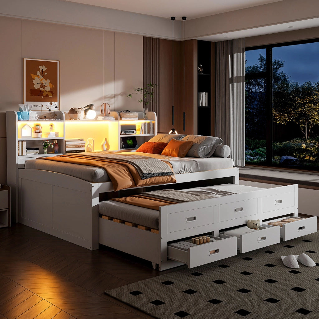 LETTO estraibile 140x200 cm Bianco con LED, 3 cassetti