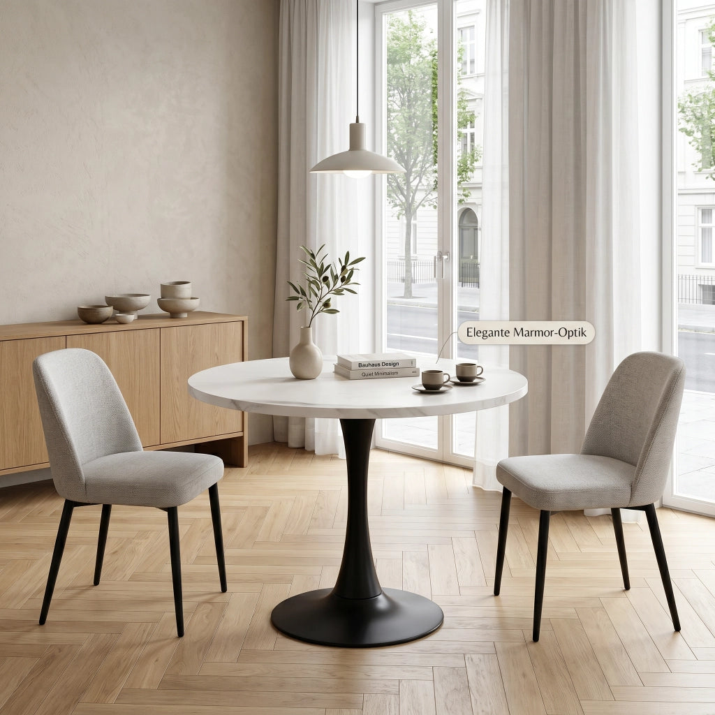 Tavolo rotondo moderno da 80 cm con piano effetto marmo bianco e base in metallo nero