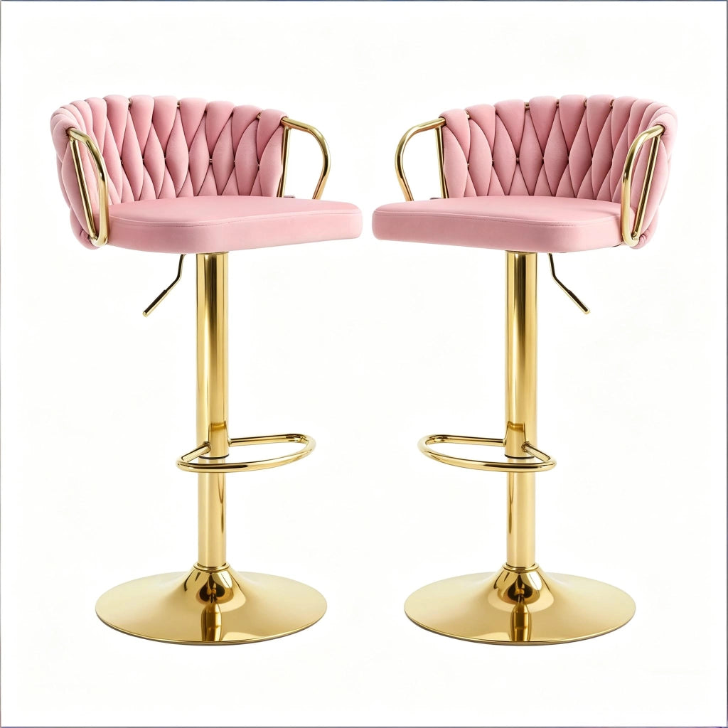 Set di 2 sgabelli da bar girevoli regolabili in altezza con schienale e poggiapiedi in velluto rosa