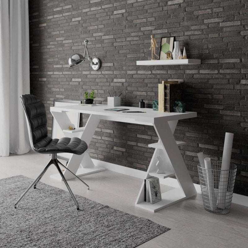 Scrivania Papillon con ripiani sulle gambe colore bianco