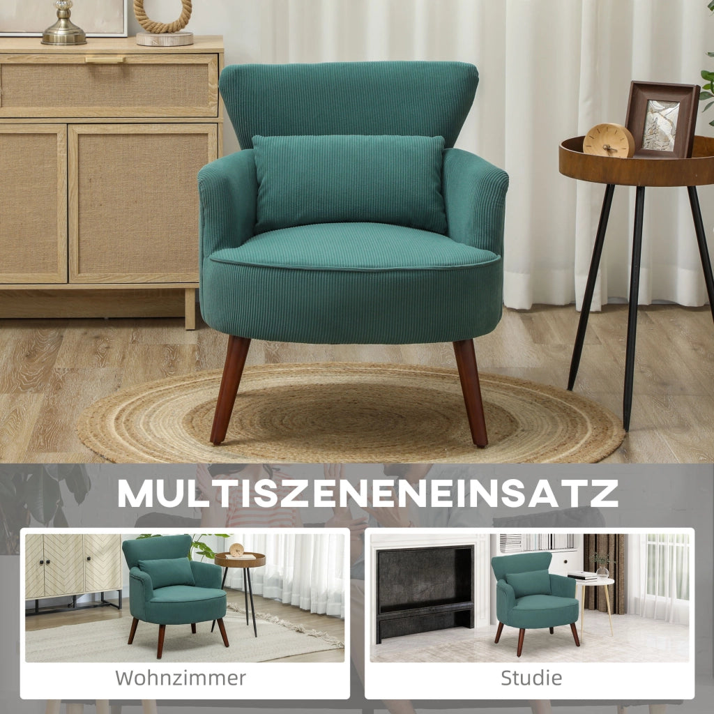 Poltrona con schienale, braccioli arrotondati, poltrona imbottita effetto velluto a coste, gambe in legno, per camera da letto, soggiorno, fino a 120
