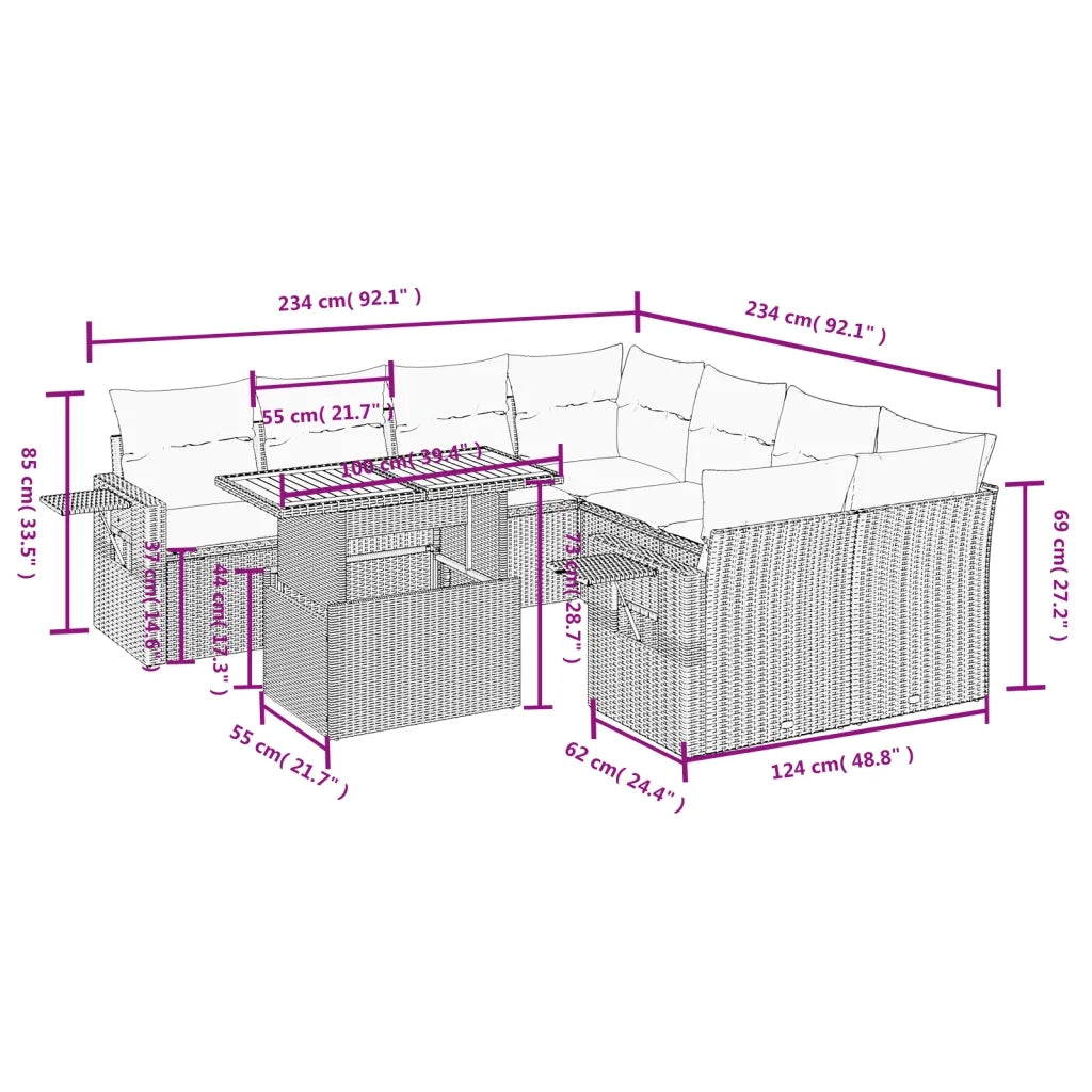 Set Divani da Giardino 9 pz con Cuscini Nero in Polyrattan