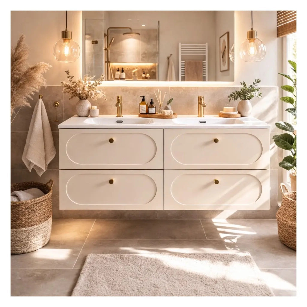 Set da bagno TORNADO: mobili sotto lavabo 120cm beige + doppio lavabo incassato bianco