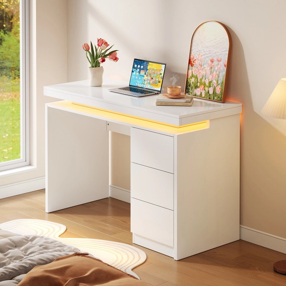 Scrivania moderna con LED - Zephmum- 120¡Á50¡Á78,5 cm- Tre cassetti, superficie estesa, gambe rinforzate, illuminazione regolabile
