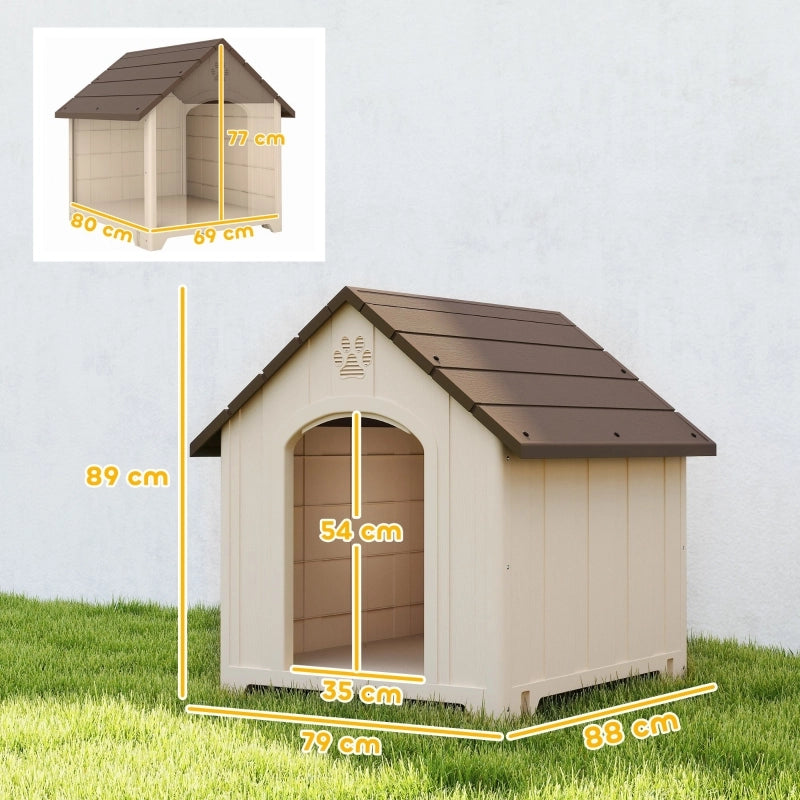 Cuccia per cani resistente alle intemperie, 88 x 79 x 89 cm. Cuccia rialzata con tetto incernierato in asfalto e ancoraggi a terra.