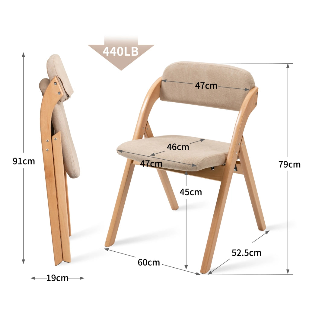 Chaise pieghevole set da 2 con seduta imbottita e fodera rimovibile in legno massello per cucina e ospiti kaki
