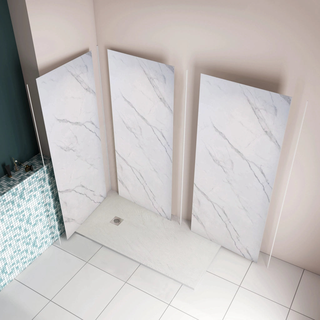 H.210 cm Pannello Doccia ad Angolo 80x80x90 cm Realizzato in Alluminio da 3 mm con Profili Finitura Bianco Alba per Rivestimento Parete Bagno