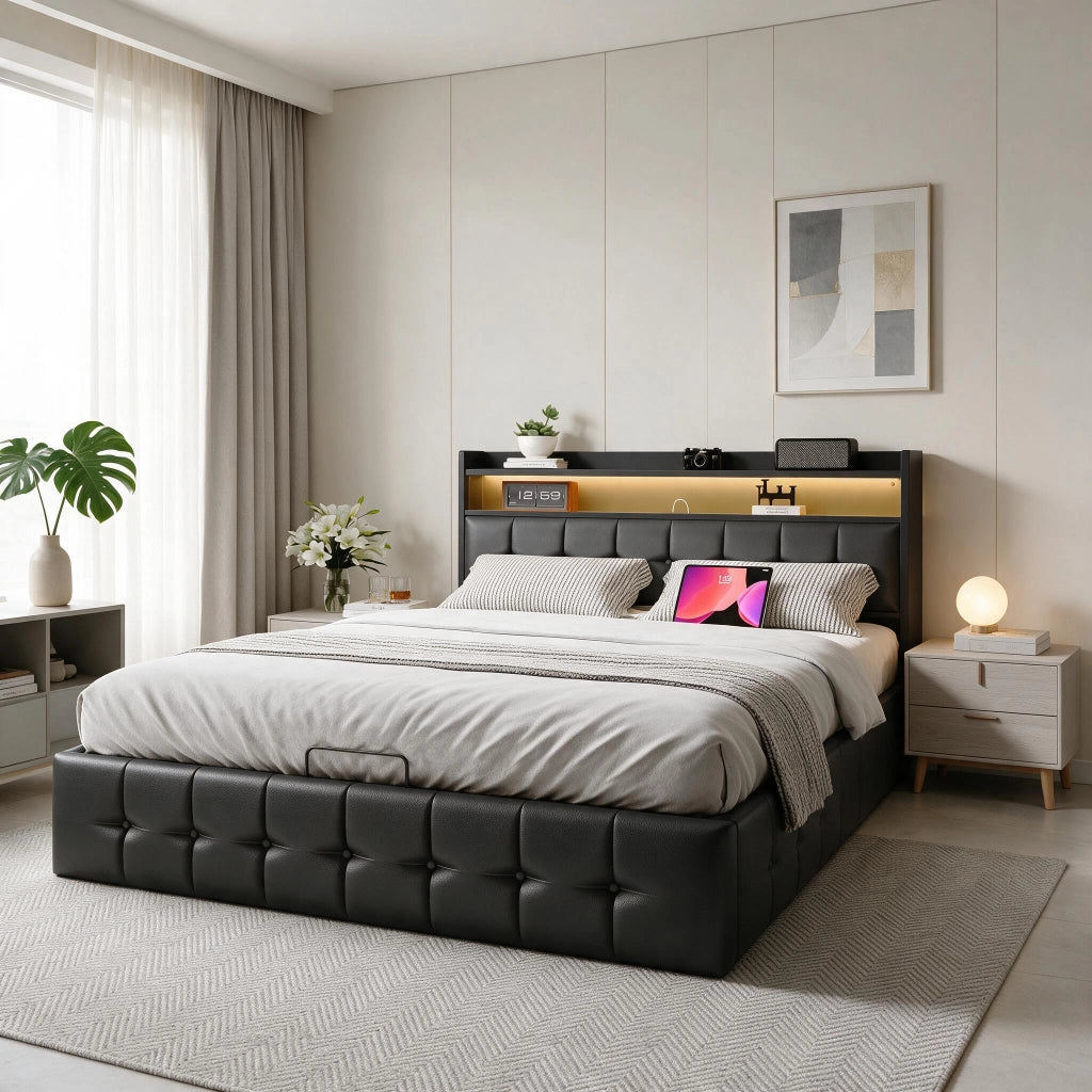 Letto matrimoniale 140x200 cm con contenitore LED USB testiera struttura letto MDF e PU - nero