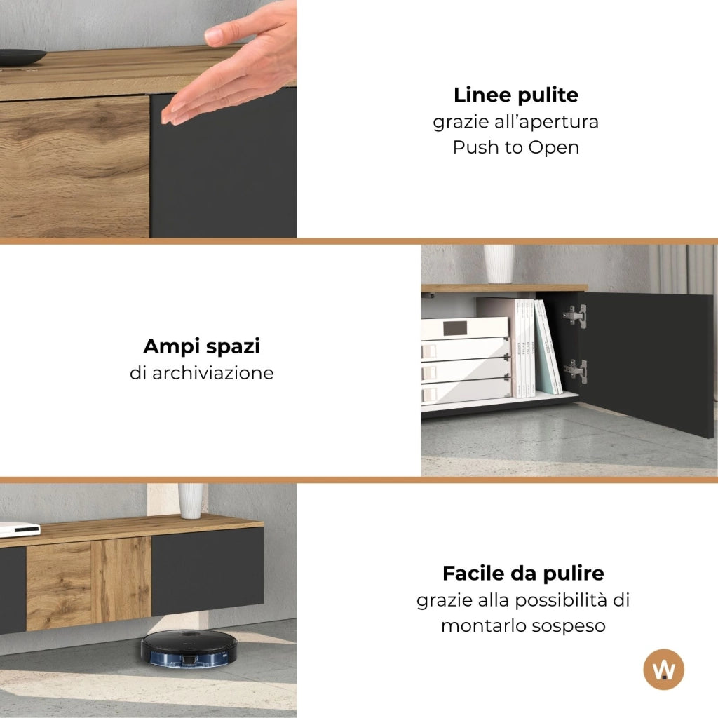 WHOUS Mobile porta TV sospeso Iseo con 2 ante e 1 ribalta antracite opaco e rovere 200x35x30 cm