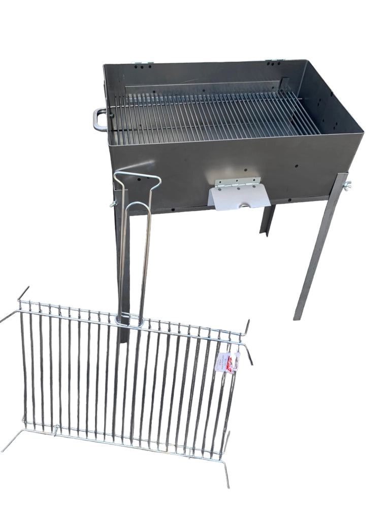 Barbecue in ferro con griglia in acciaio, con coperchio richiudibile, piedi estraibili, per legna o carbone, portatile 50x35 cm