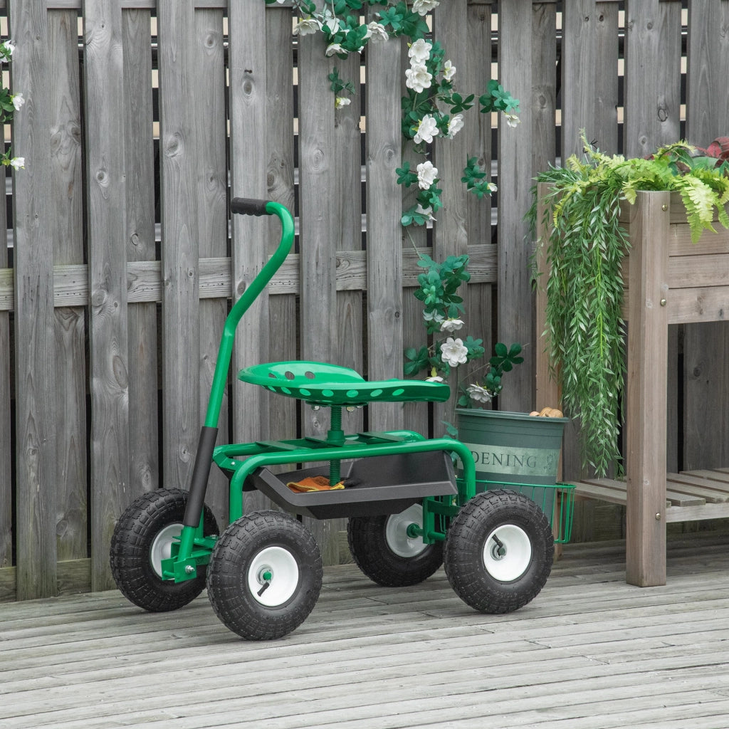 Carrello da giardino, carrello da officina, sedile da giardino girevole, cestino portaoggetti, altezza regolabile, portata 150 kg, verde, 81 x 44,5 x