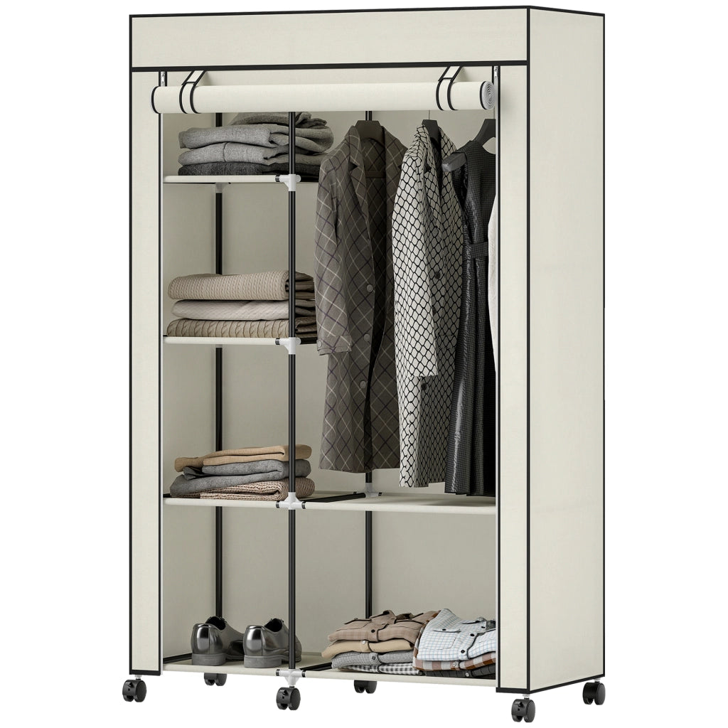 Armadio guardaroba in tessuto ¨C Xylo ¨C con ante, cassetti, ripiani e rotelle, 103x43x162,5cm crema
