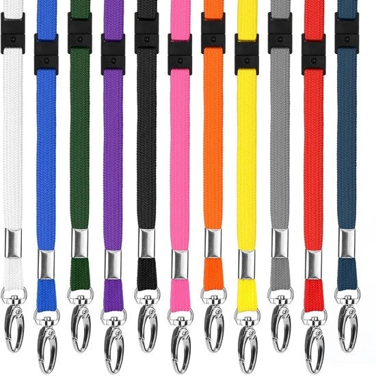 Lanyards 10mm di diametro - Materiale rPET ecocompatibile - Orecchiamento per badge ID - Chiusura a sblocco - Clip a forma di granchio in metallo - Pacchetto da 10 - Cintura per collo
