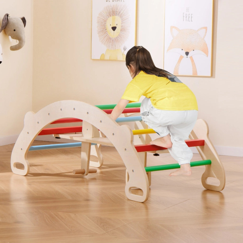 Arco cavallo a dondolo multifunzionale, Giocattoli di arrampicata in legno 4-in-1 per bambini dai 1-5 anni Multicolore-Arrampicate e scivoli