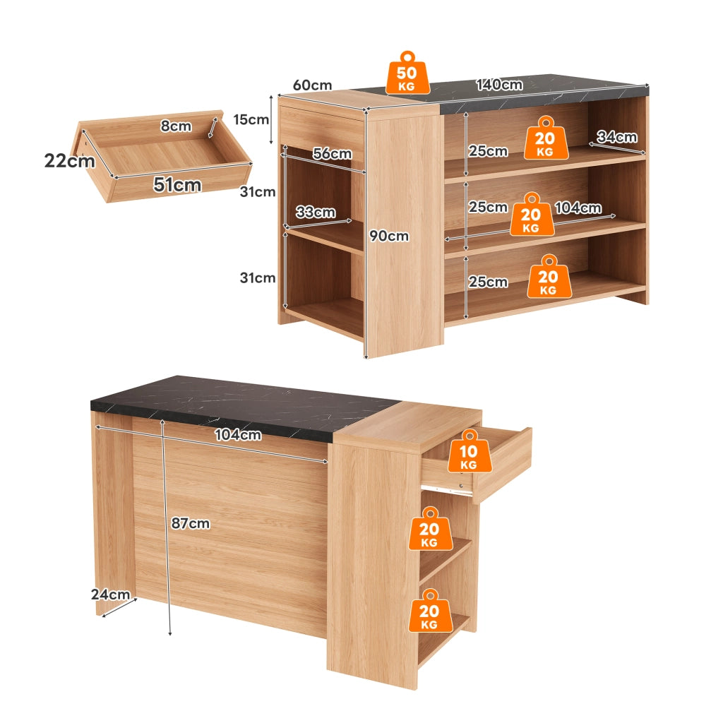 Tavolo da pranzo con ripiani e cassetto nascosto in MDF effetto marmo nero e rovere 140 × 60 × 90 cm