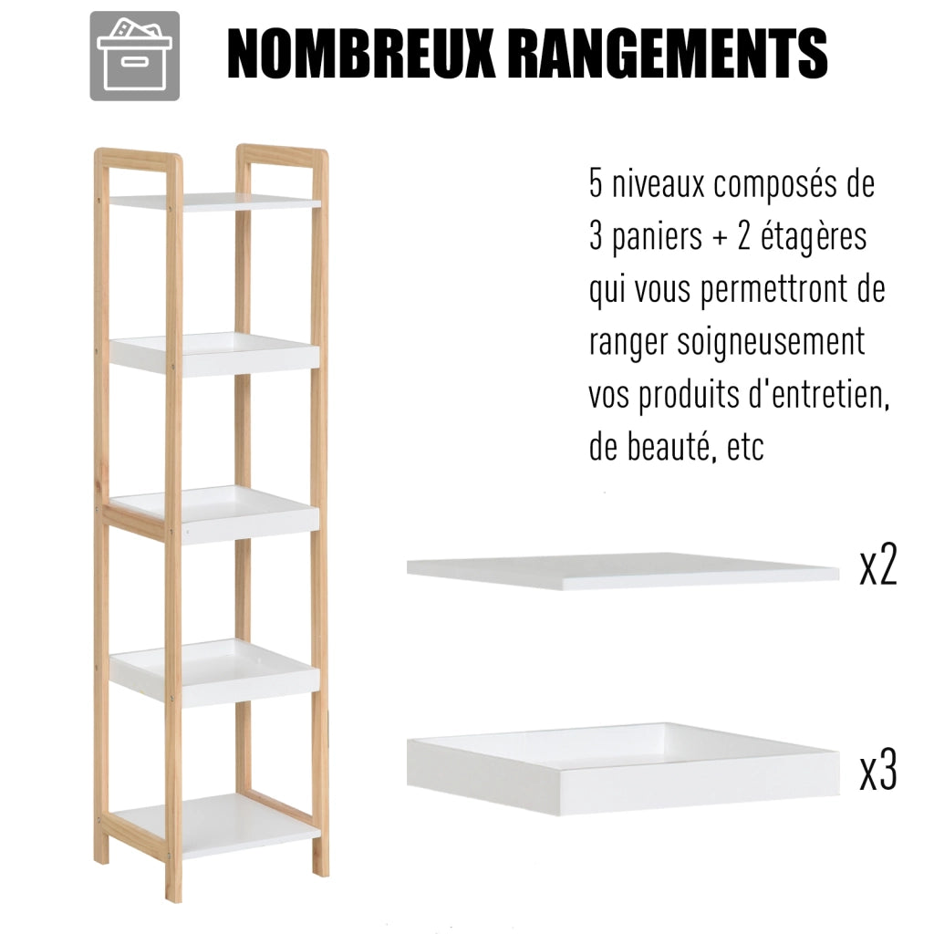 Etagere per Bagno in Bambu con Cestini ¨C Minimal ¨C 32x30x130 cm Bianco Beige