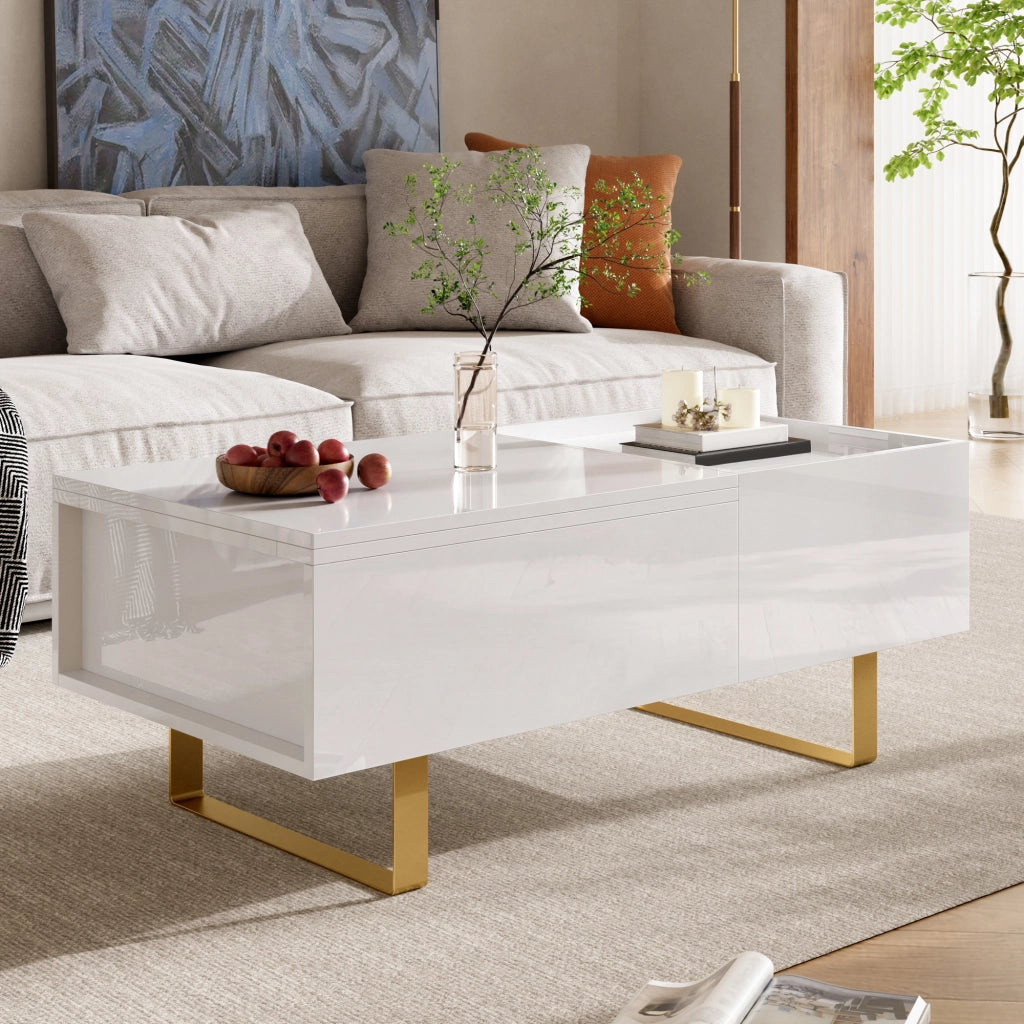 Tavolino basso sollevabile con cassetto e vano contenitore in MDF lucido per soggiorno bianco 100 × 50 × 54,5 cm