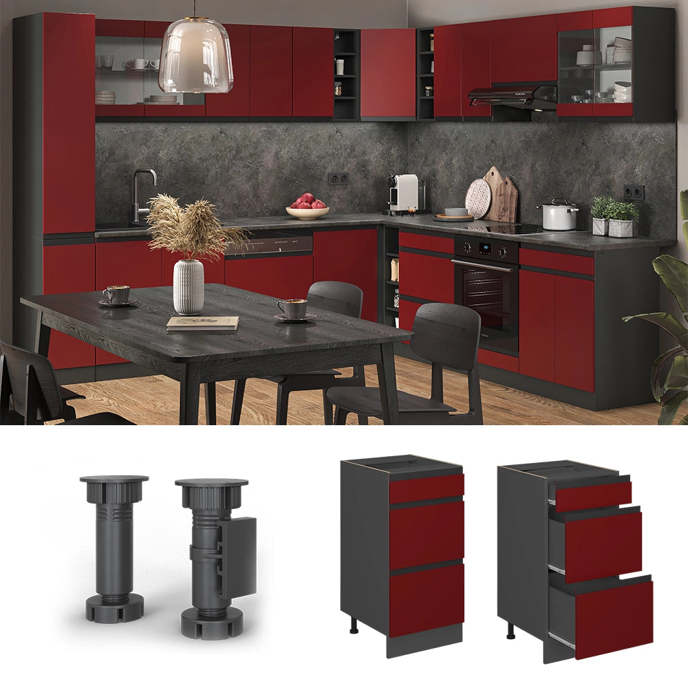 Vicco Mobiletto base per cucina Rosso 40 cm con cassetti, PL Rovere