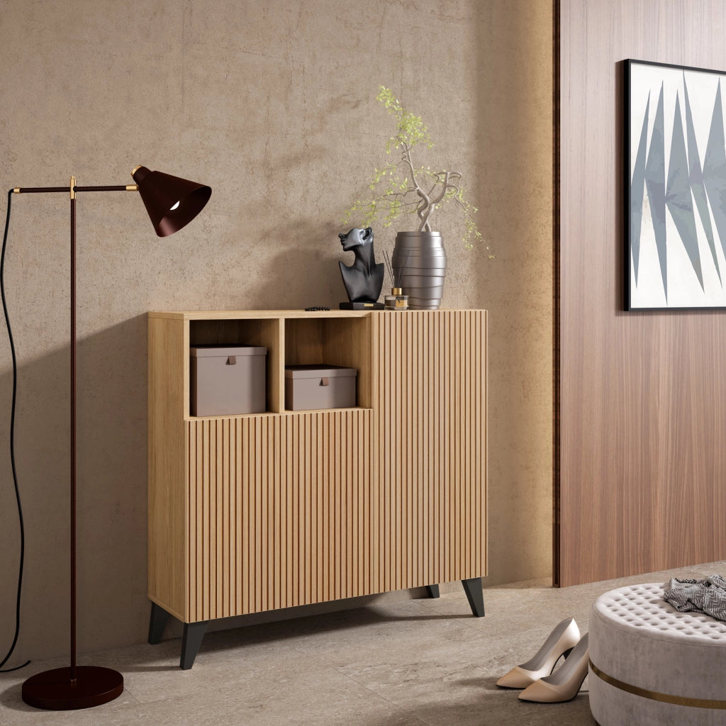 Scarpiera Herdasa effetto rovere dorato,stampa doghe gambe grafite 87x90x27