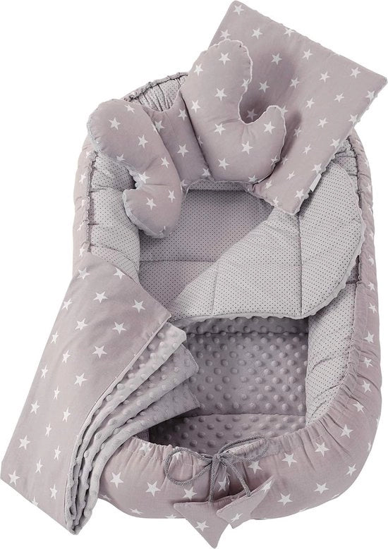 Set di culla per bambino da 5 pezzi, dimensioni 100 x 60 x 15 cm, letto di posizionamento rimovibile, culla per accarezzare, coperta per arrampicarsi, bambino, neonato, 100% cotone (stelle grigie con minky grigie)