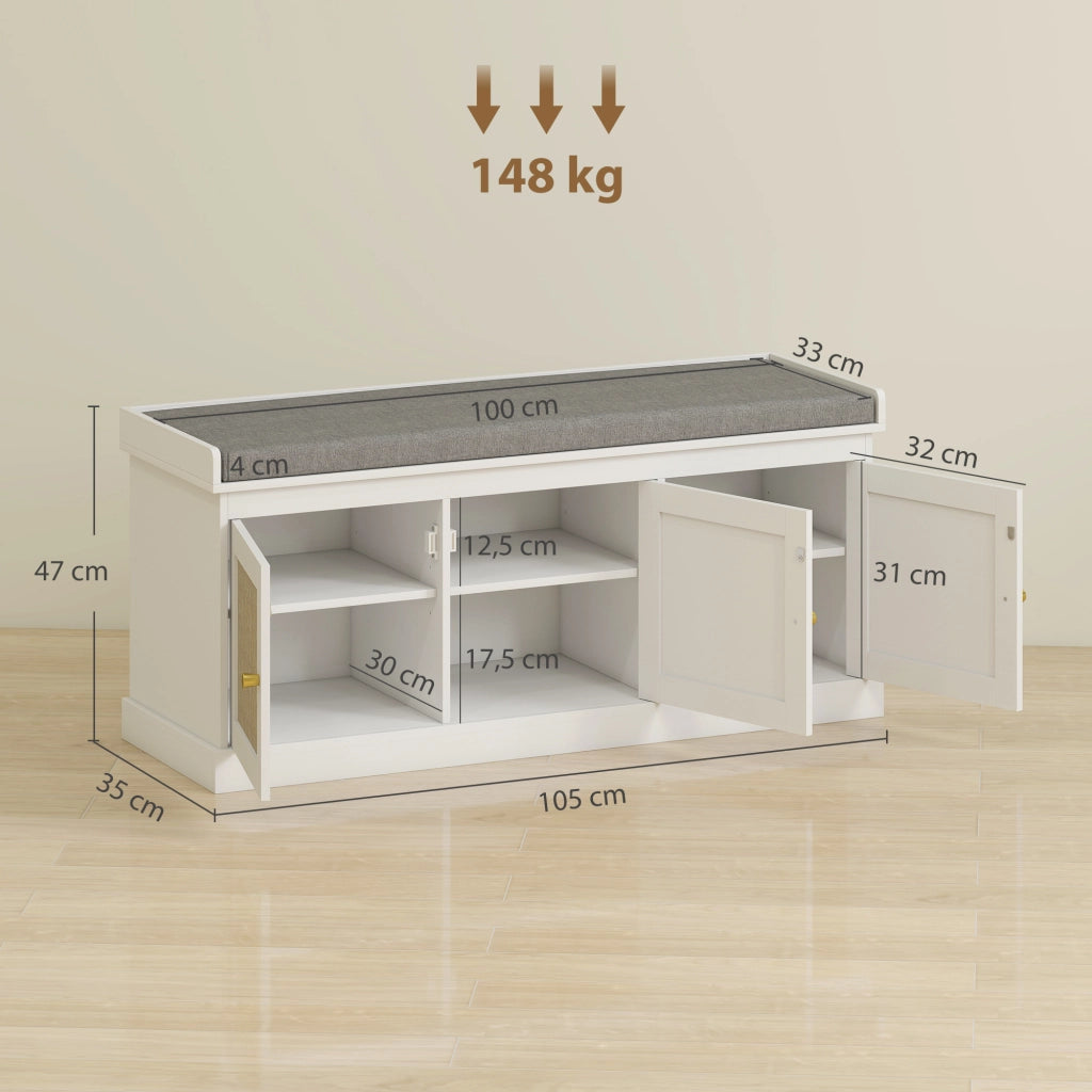 Panca portascarpe con cassetti e ripiano regolabile ¨C zephmum ¨C bianco, 105x35x47cm