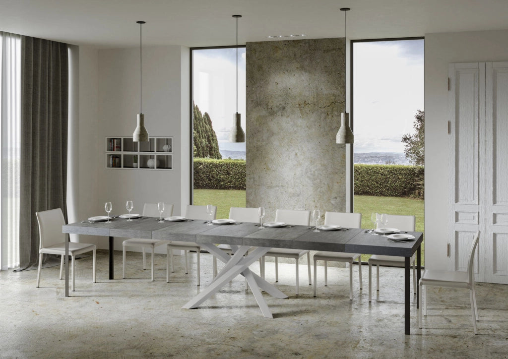 Tavolo Allungabile 130-390x90x77 cm Volantis Premium Cemento Telaio Bianco