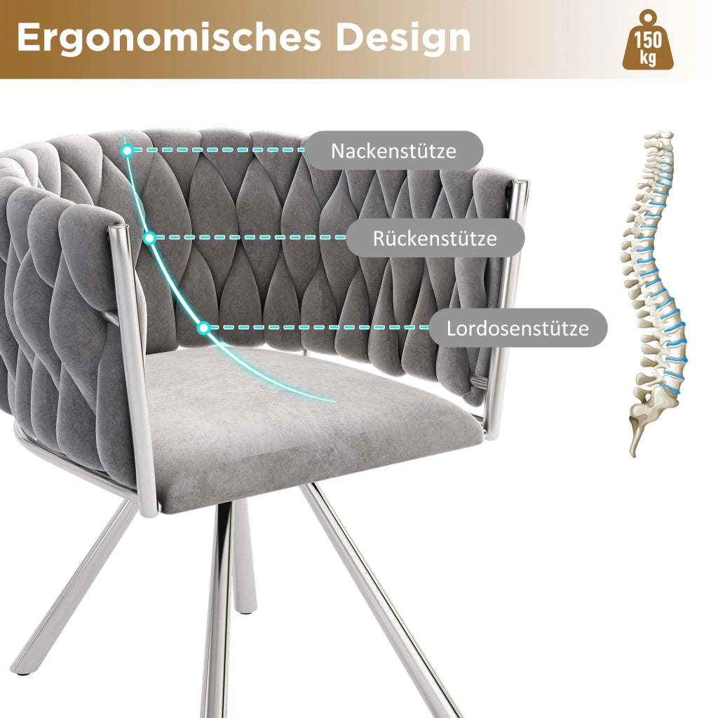 Set di 2 sedie da pranzo girevoli con schienale ergonomico e seduta imbottita in velluto grigio argento