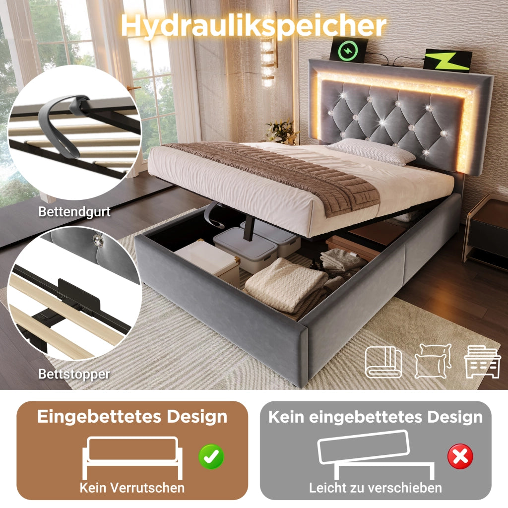 Letto imbottito idraulico con luci LED e porta USB 90x200 cm velluto grigio
