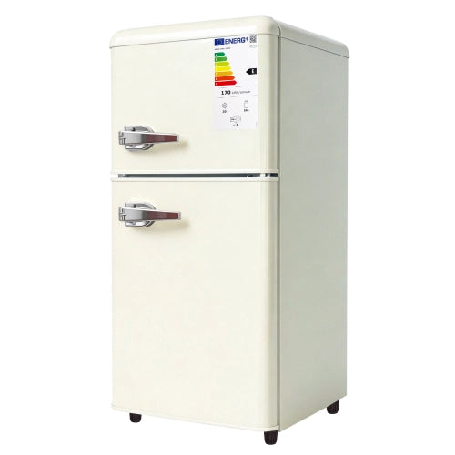 Frigorifero a doppia porta (86L) – controllo della temperatura a 7 livelli; classe di efficienza energetica E; luce a LED; ripiani regolabili e portauova – crema