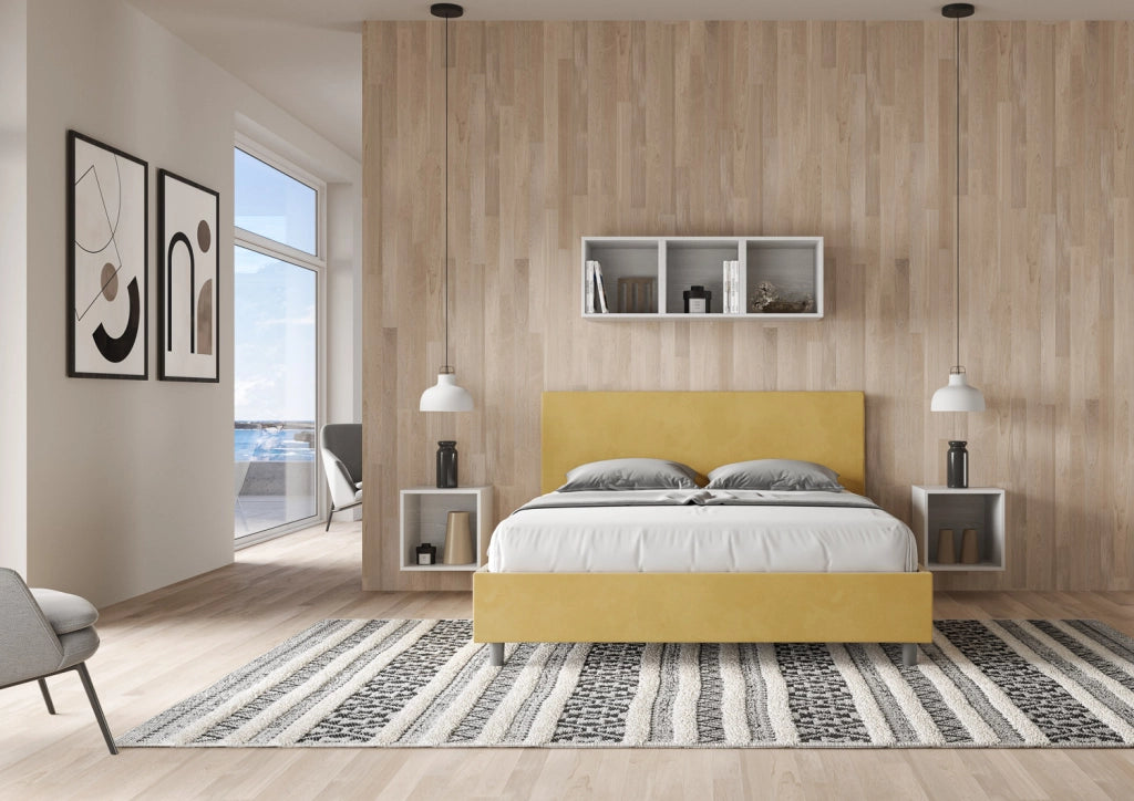 BS COM Letto matrimoniale con rete imbottito 160x200 microfibra ocra