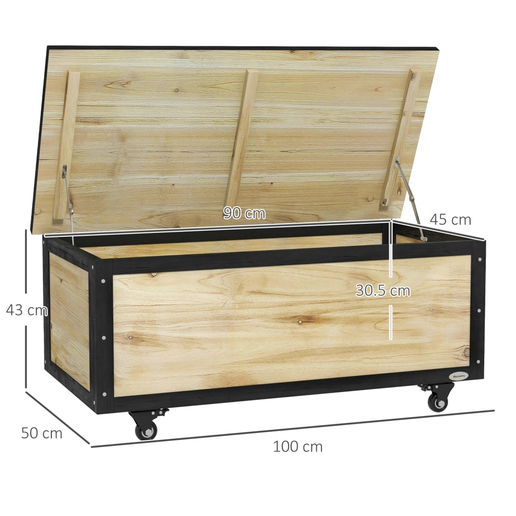 Mobile contenitore da esterno con coperchio e 2 ruote; in legno; per balcone e terrazza; 100×50×43 cm