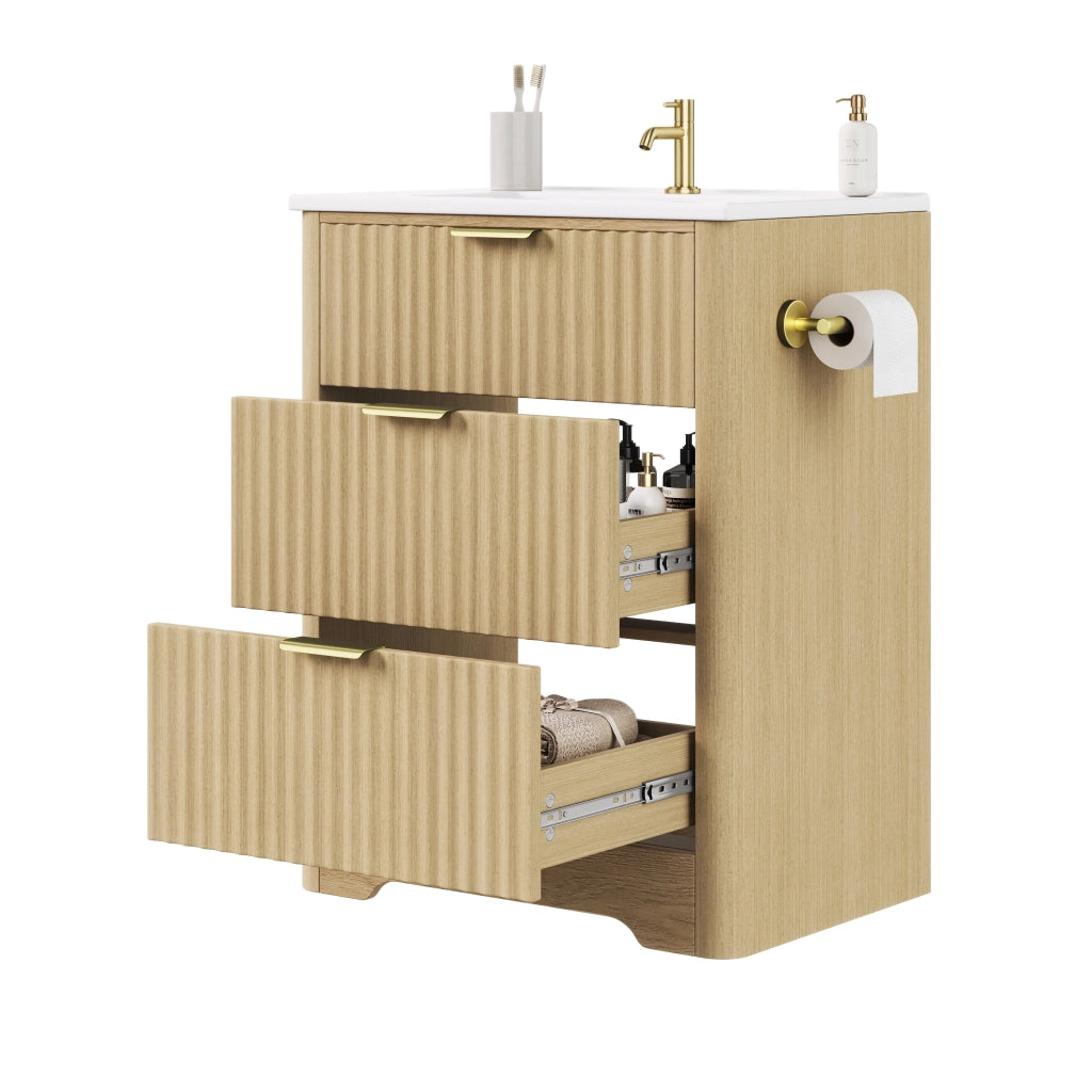 Mobile bagno con 2 cassetti; lavabo in ceramica e portarotolo reversibile per bagno; in MDF; legno naturale; 61×47×82 cm