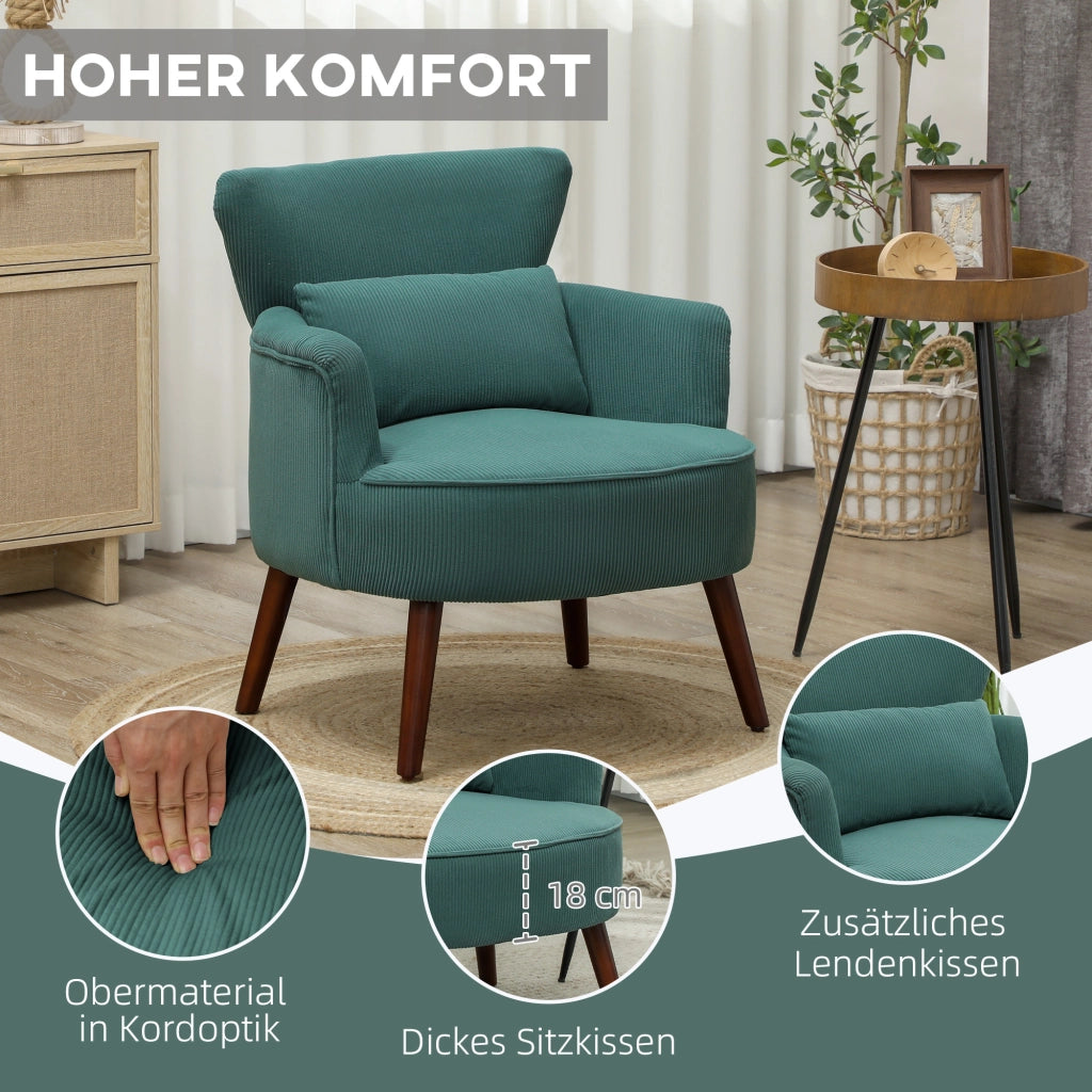 Poltrona con schienale, braccioli arrotondati, poltrona imbottita effetto velluto a coste, gambe in legno, per camera da letto, soggiorno, fino a 120