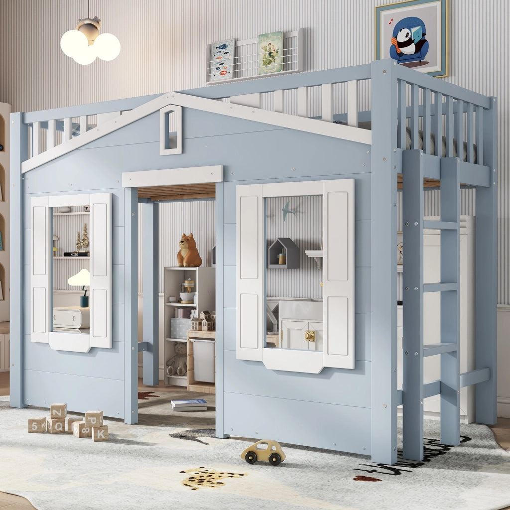 LETTO a soppalco per bambini 90x200 cm in pino e MDF bianco/blu