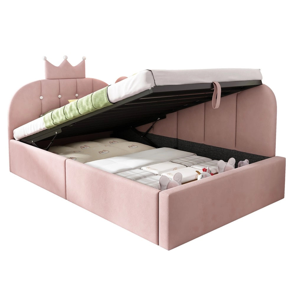 Letto imbottito a giorno - Zephmum-90x200 cm-Rosa-Design griglia corona con stoccaggio idraulico