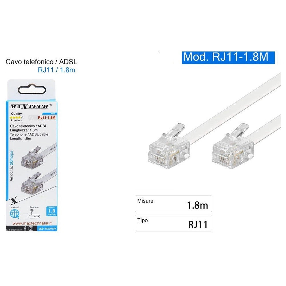 Trade Shop - Cavo Telefonico Adsl Rj11 Collegamento Telefonico Modem 20mbps 1.8 Mt Rj11-1.8m -