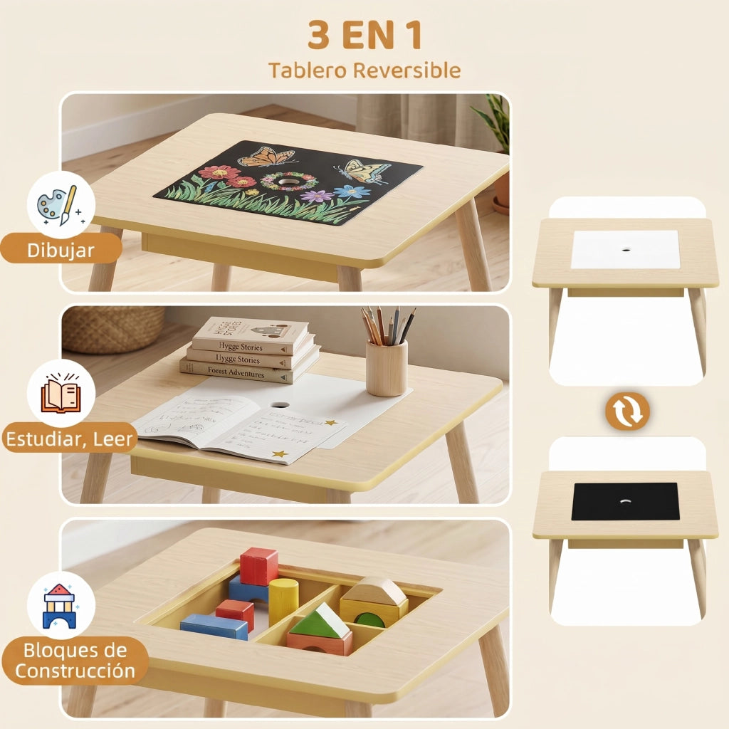 Tavolo da pranzo per bambini con 2 sedie e lavagna ¨C zephmum ¨C bianco e naturale 60x60x44 cm