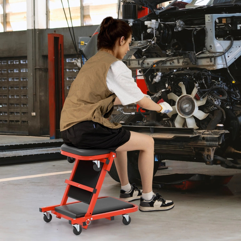 Sedia per meccanico 2 in 1 con sedile imbottito e 6 ruote, Sgabello da officina pieghevole a forma di Z Nero