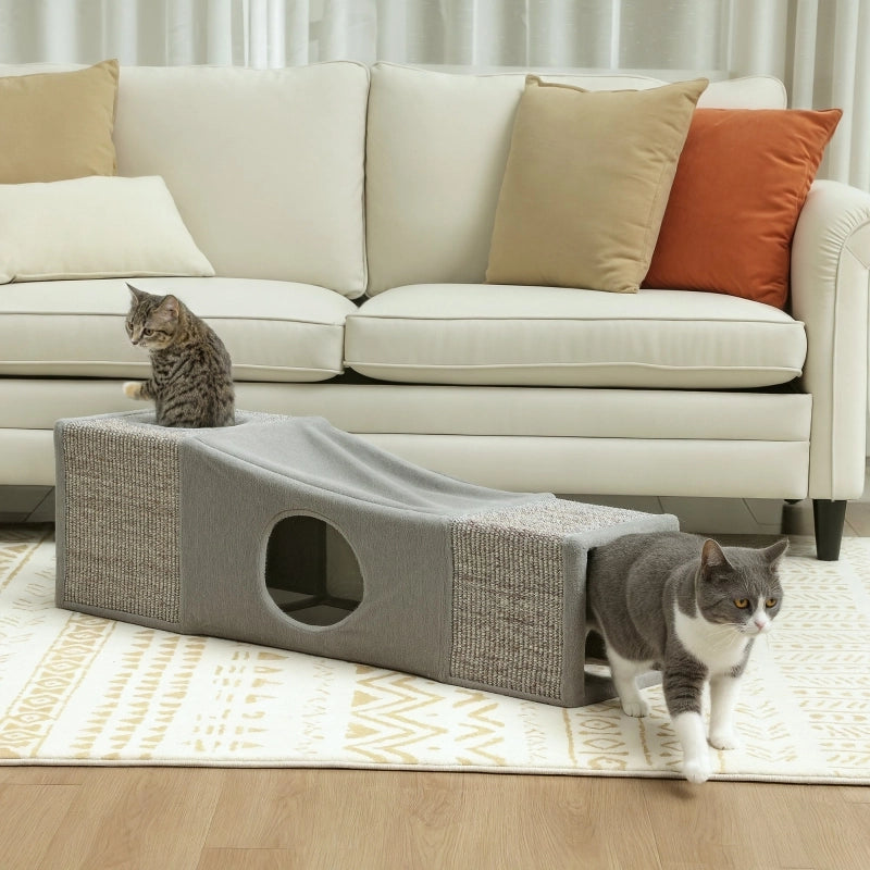 Tunnel per gatti, giocattolo per gatti con pallina, cuccia per gatti, tunnel gioco pieghevole in sisal, design combinato, marrone+grigio, 98 x 30 x