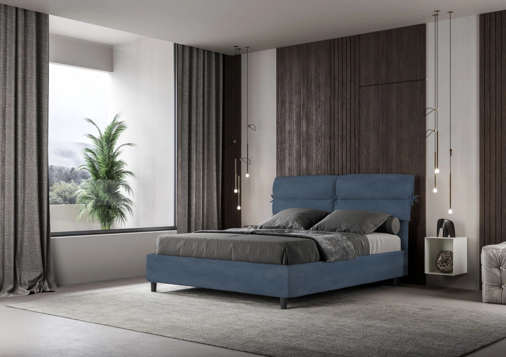 BS COM Letto matrimoniale senza rete imbottito 160x210 microfibra blu