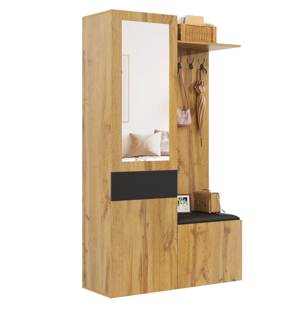 Set guardaroba da ingresso con specchio e 5 ganci; contenitore multifunzione in MDF nero e naturale