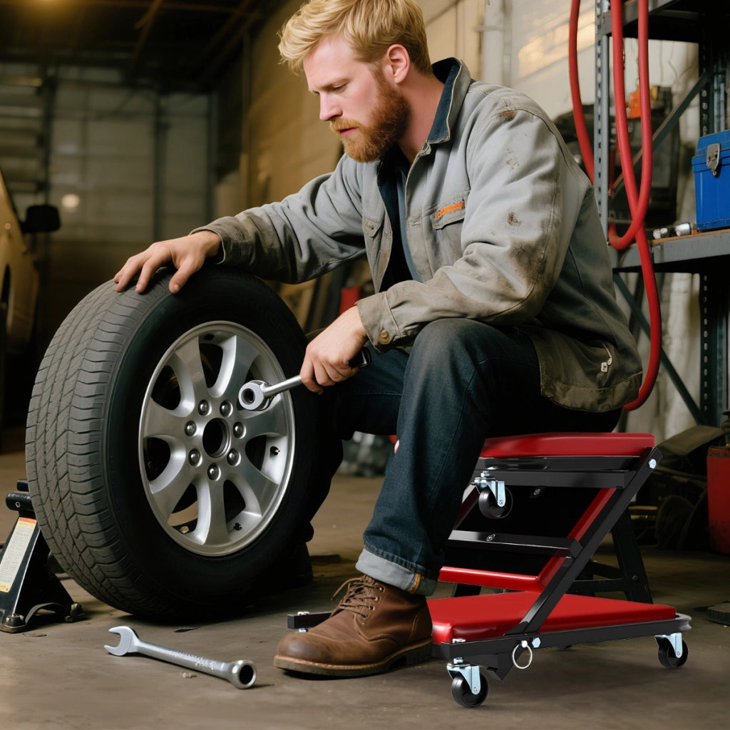 Sgabello automobilistico pieghevole e 6 rotelle universali, Sgabello per meccanico convertibile per officina Rosso
